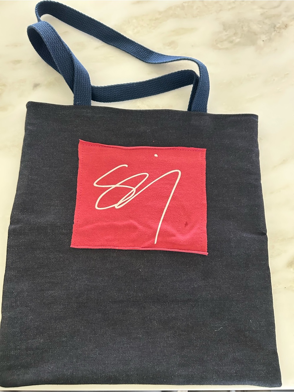 Canvas Tote Bag with Red Patch and Navy Straps